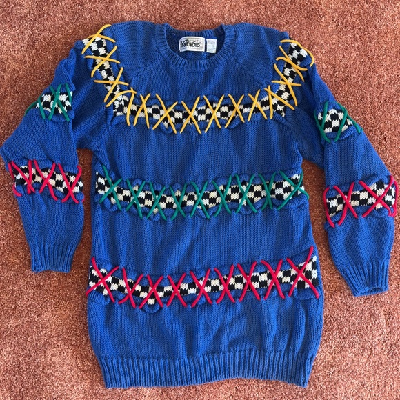 Knitworks Sweaters - Vintage 90s Knit Works Colorful Abstract Checkered Woven Sweater